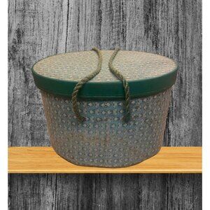 Vintage MCM Cloth Covered Sewing Box With Lid & Rope Handles and Thread Decor